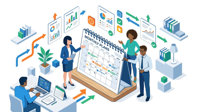 Business Team Planning Monthly Goals with Calendar and Charts - Isometric Illustration