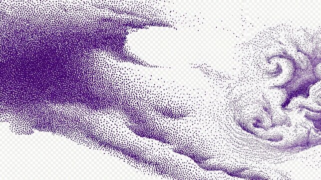 Stippled digital art background with dense small purple dots on transparent white checkered grid, fluid wave-like pattern formed by varying dot density creating light and shadow gradients