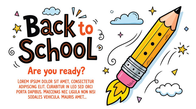 Yellow pencil rocket flying through the sky for a colorful back to school education banner