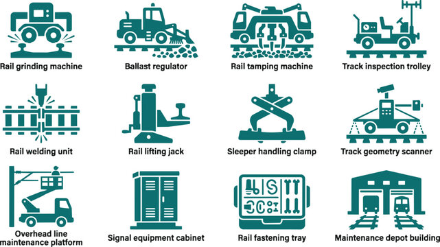Railway maintenance icons, railroad equipment symbols, train repair signs, 12 teal vector graphics