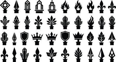 Decorative fence finial silhouette collection featuring spearheads fleur de lis flames crowns and ornamental metal vector set © Sarjina