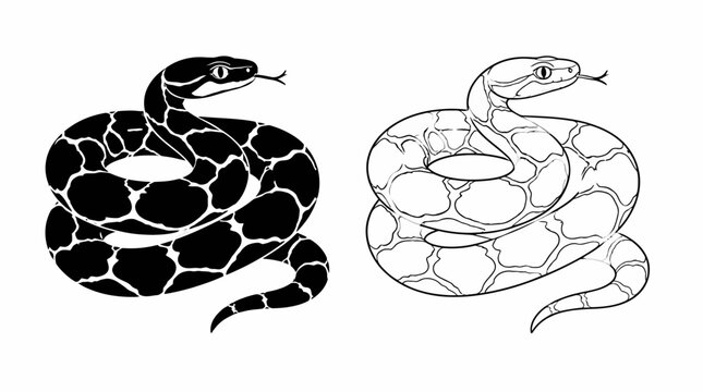 Coiled Python Snake Illustration in Black and White Outline Styles