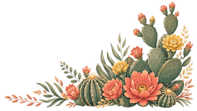 Cactus Flower Corner Border Watercolor Illustration