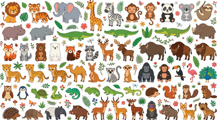 Cute full body safari animals vector collection featuring kawaii jungle wildlife cartoon characters and tropical forest leaves for kids © MD