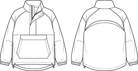 Half zip hooded pullover jacket technical fashion template with front and back views for outdoor apparel design © Sarjina