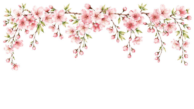 Cherry Blossom Branch Watercolor Border for Spring Design