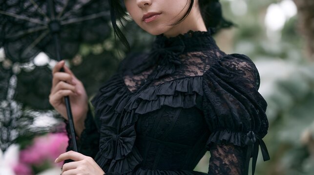 A woman in gothic lolita attire holds a black lace parasol against a blurred garden backdrop