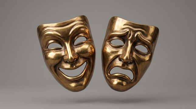 Two gold theatrical masks depicting comedy and tragedy against neutral studio background conveying drama, emotion, performance and classic theater concept