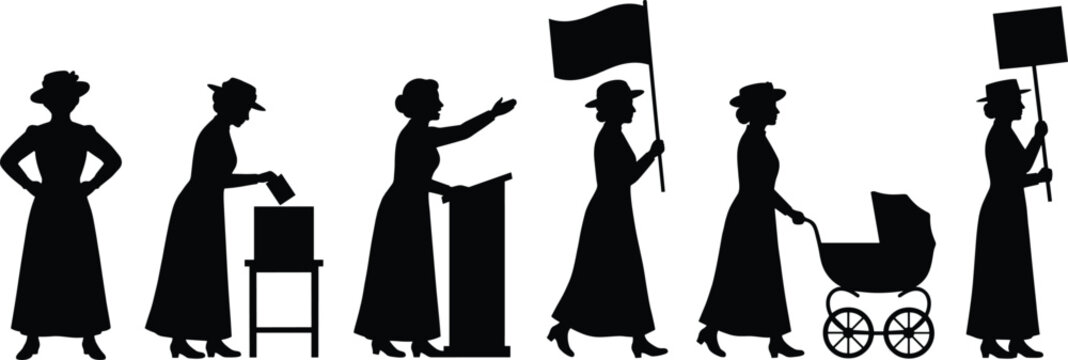 Suffragette women silhouettes set, historical voting rights movement, protest march vector illustration