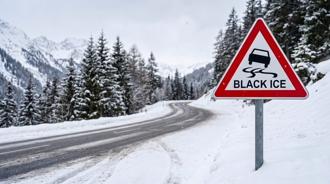 Sign, Black-Ice. warning sign about the risk of slipping in the case of black ice on the street - on the snowy road