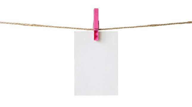 Blank paper note on string with pink clip isolated on transparent background