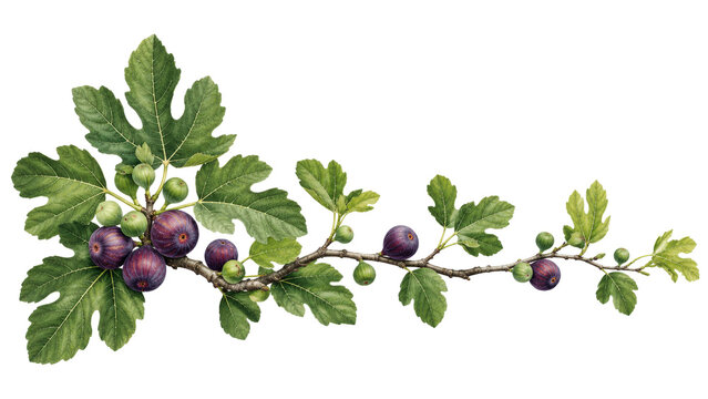 Fig Branch with Ripe Purple Fruits and Green Leaves Illustration