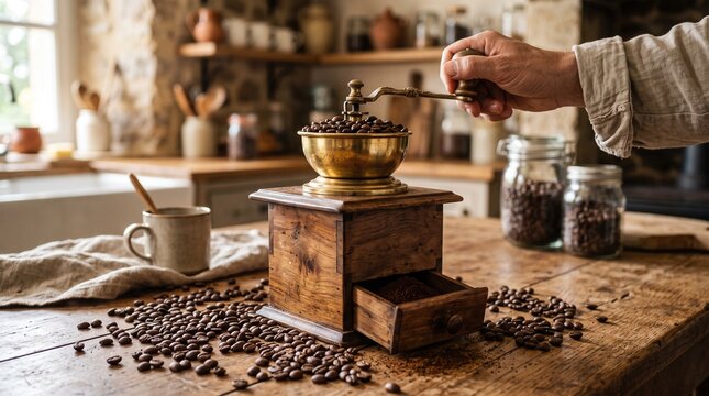 Hand cranking vintage coffee grinder on wooden table with scattered coffee beans mug and jars in rustic kitchen morning ritual and warm countertop scene