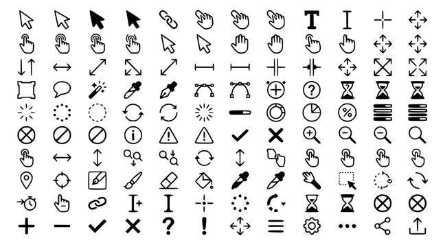 :
Computer Mouse Cursor and Loading Editable Stroke Icon Set with Pointer Click and UI Symbols