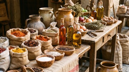Fototapeta premium Market stall display of sacks spices herbs oils and ceramics on wooden table in rustic open market scene with natural light and earthy tones
