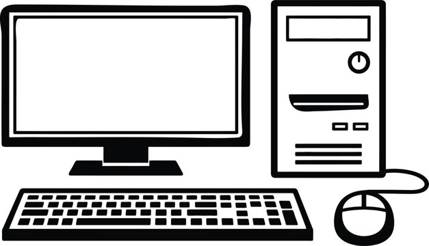 Desktop Computer Complete PC Setup with Monitor, Keyboard, Mouse, and Tower Vector Icon Illustration for Technology and Office Equipment