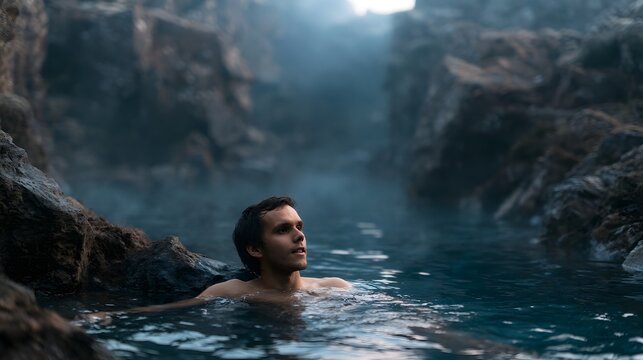 A man is relaxing in a natural hot spring nestled between rugged rocky cliffs under soft ambient light