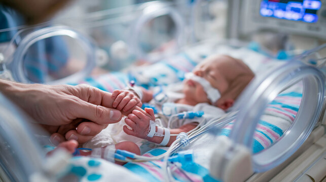 A newborn baby in the intensive care unit lies in an incubator, connected to medical sensors and tubes, with a tiny hand firmly grasping an adult's finger.