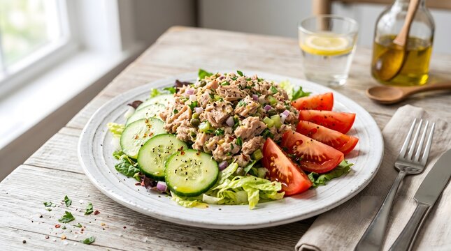 Salad, Tuna. Fresh and delectable tuna salad served on a plate with a medley of vegetables and ripe tomatoes - introducing Atun Ensalada