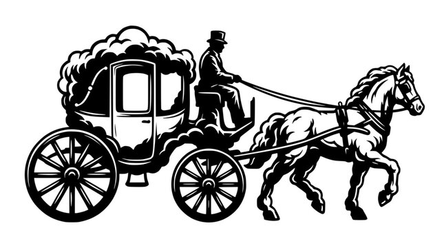 Vintage Horse Drawn Carriage with Driver and Ornate Design