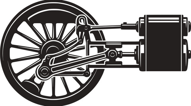 Vintage Steam Engine Piston and Wheel Mechanism - Black and White Vector Illustration