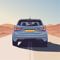Obraz premium Blue SUV driving down desert highway.