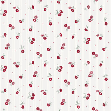Seamless floral pattern, ditsy flowers with red floral ornaments on stripe background. small hand drawn, liberty flower pattern style, surface pattern design for fabric, textile, fashion print 