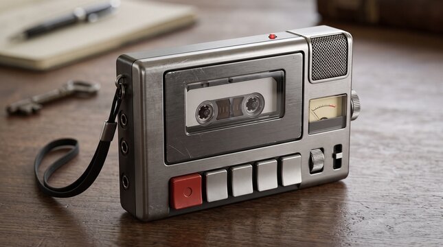 Portable cassette recorder on wooden surface close up retro audio device with tape window push buttons wrist strap and analog vu meter in natural ambient light