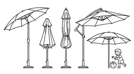 Patio umbrella line art collection, outdoor sunshade parasol vector set, garden furniture coloring page elements for summer backyard design © Sidra