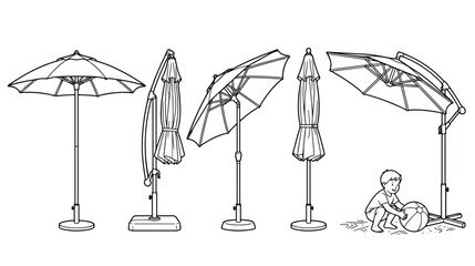 Patio umbrella line art collection, outdoor sunshade vector set in various positions, garden parasol sketches for backyard and beach design © Sidra