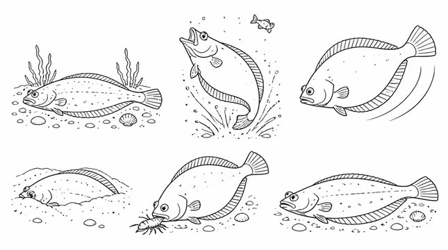 Flatfish behavior set, hand-drawn illustration