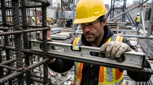 Construction worker uses level on rebar framework for building foundation, safety gear