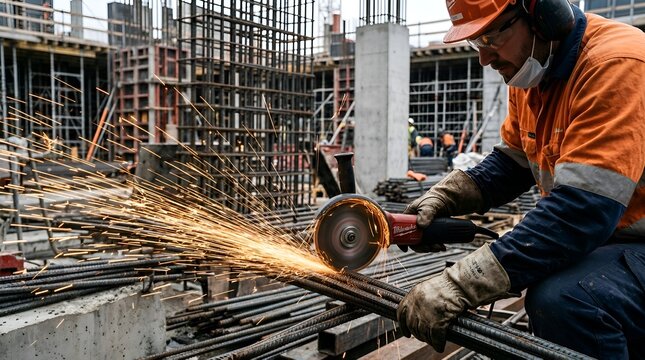 Construction worker using angle grinder on rebar, sparks flying