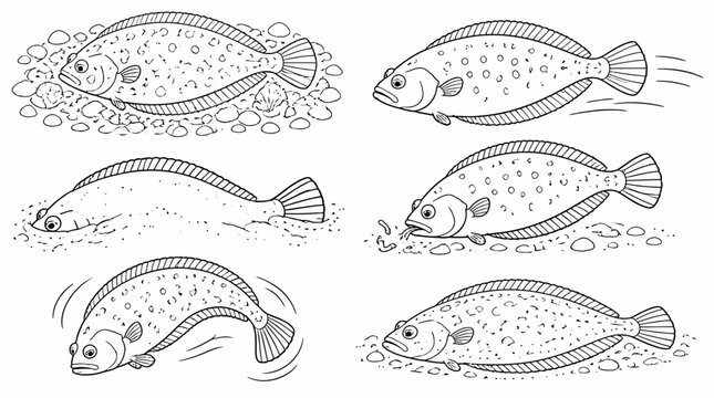 Flounder fish set in various poses, hand-drawn vector illustration