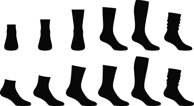 Socks and footwear apparel black vector silhouettes set showing crew ankle knee high and slouch styles