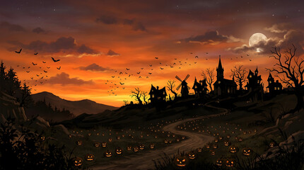 Obraz premium Spooky halloween background haunted village with jack o' lanterns and full moon