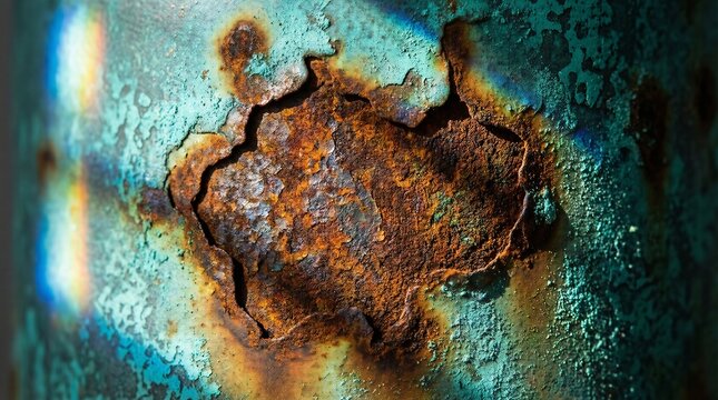 Close up of peeling turquoise copper paint with rusty core and rainbow
