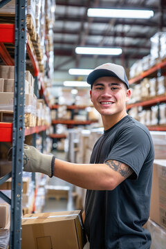 Warehouse loader placing a box in a large distribution center