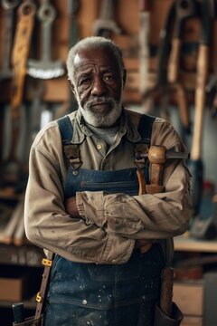 Elderly carpenter of African descent with tools in workshop