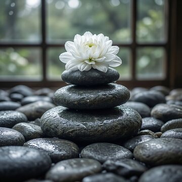 White flower on stacked wet zen stones for spa and wellness