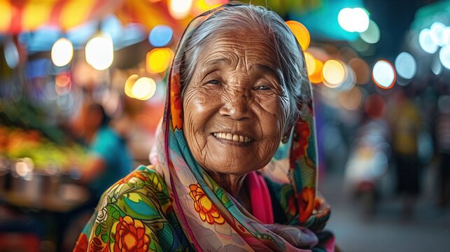 Elderly woman smiling brightly in colorful market background