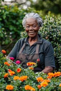 Happy female gardener tending to flowers in vibrant garden