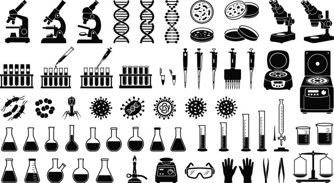Laboratory equipment and science research black vector silhouettes set with microscope DNA and glassware