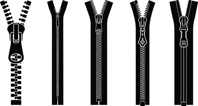 Open zipper and slider pull tab black vector silhouettes set for garment technical flat sketches