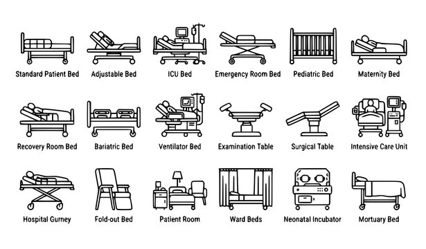 Hospital Bed Outline Icon Collection Thin Line Vector Illustration