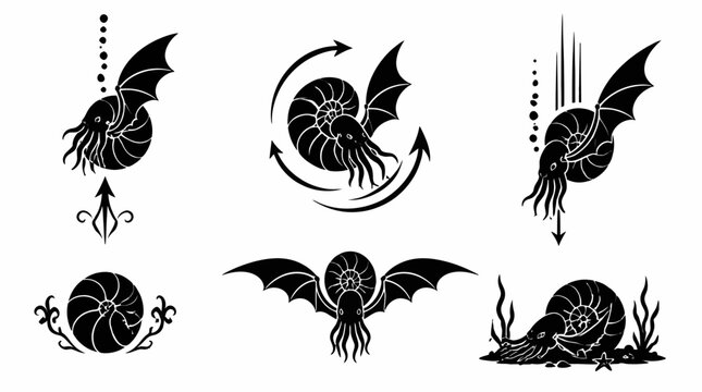 Ammonite Bat Hybrid Silhouettes for Fantasy Graphic Design