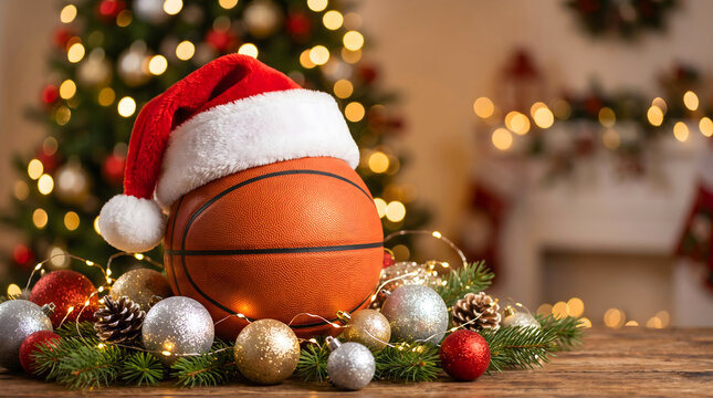 Basketball, Christmas. A festive basketball adorned with a Santa hat among holiday ornaments and lights