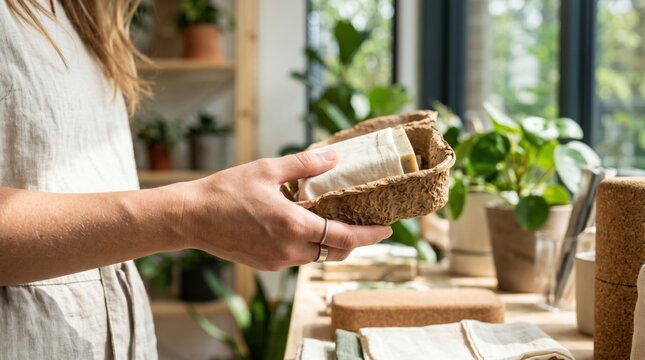 Hands holding eco friendly soap in recycled paper packaging, zero waste organic skincare product, sustainable natural beauty concept, biodegradable container, green lifestyle ch...