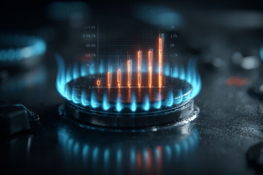 Burning financial charts: a visual tale of global energy challenges. Cinema artwork. Gas stove's blue flame and dynamic charts encapsulate rising energy costs. Thriller poster.