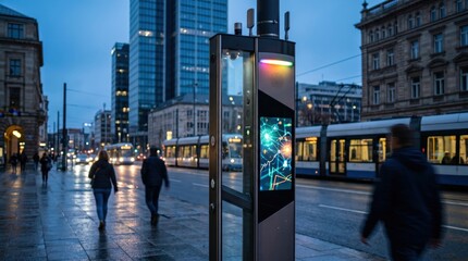 Obraz premium Smart city interactive kiosk with digital display and sensors on urban street at night, modern public information terminal with glowing screen near tram station and pedestrians ...